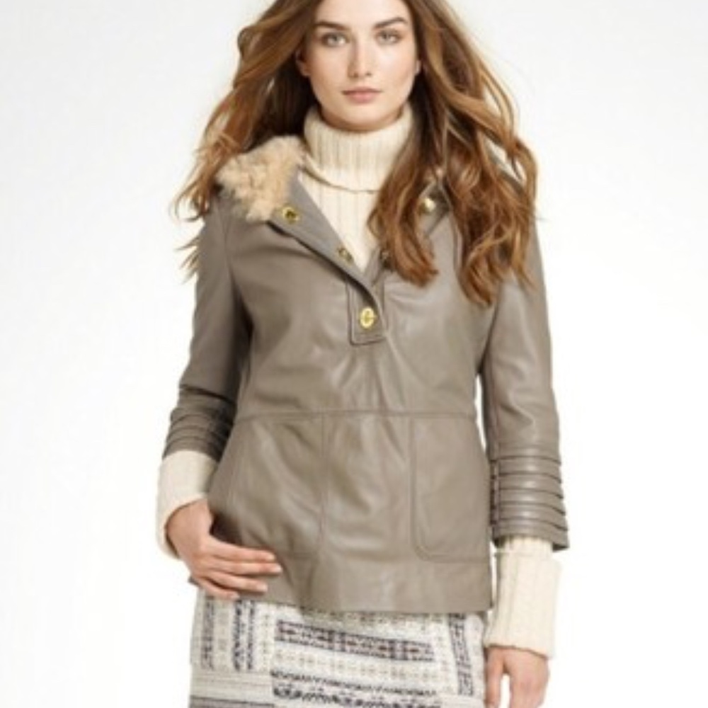 Tory Burch Olive Leather Sylvia Jacket with lamb Fur Trim Sz S $1295 NWT